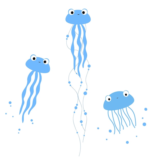 Tre meduse blu su sfondo bianco Vita marina Clipart