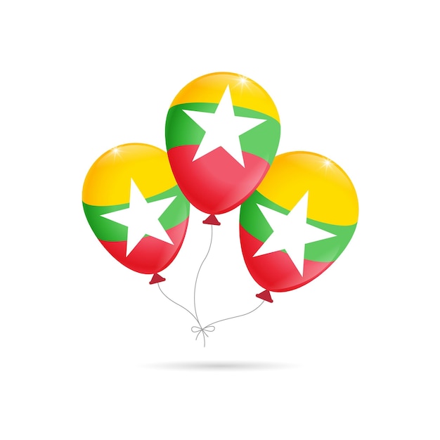 Tre palloncini con la bandiera della Repubblica di Myanmar su sfondo bianco Independence Day