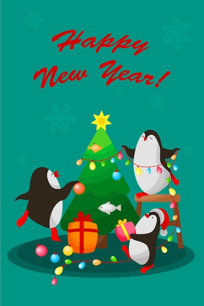 Tre pinguini decorano l'albero di Natale. Vettore, cartone animato, cartolina