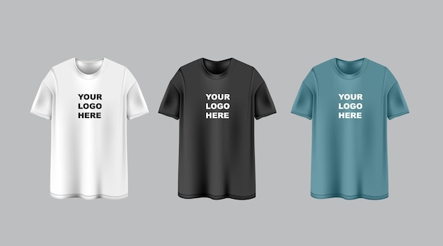 Tre t-shirt bianche, nere e blu a maniche corte con logo su modelli