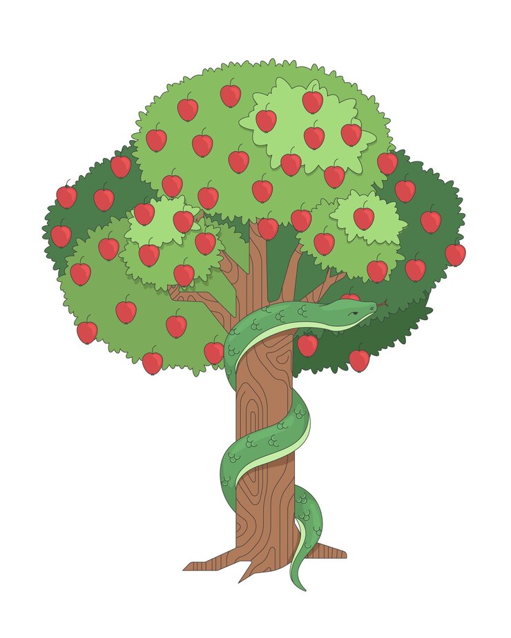 Vettore tree of knowledge with serpent and apples 2d cartoon bible character