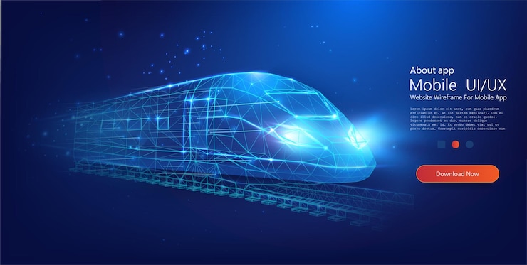 Vettore treno ad alta velocità del futuro design di rete poligonale luminosa correndo attraverso un vuoto blu cosmico tecnologia futuristica hi-tech futuro concetto di trasporto digitale illustrazione vettoriale