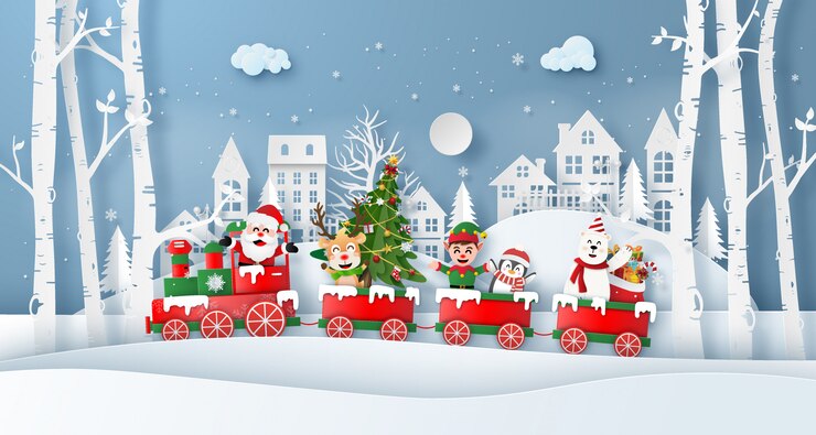 Treno di Natale con Babbo Natale e un amico nel villaggio