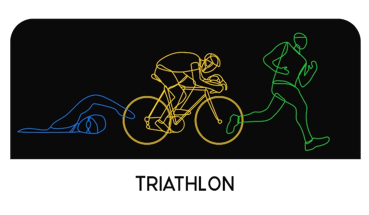 Vettore triathlon atleti lineari disegnati a mano competizione nel nuoto, ciclismo e corsa