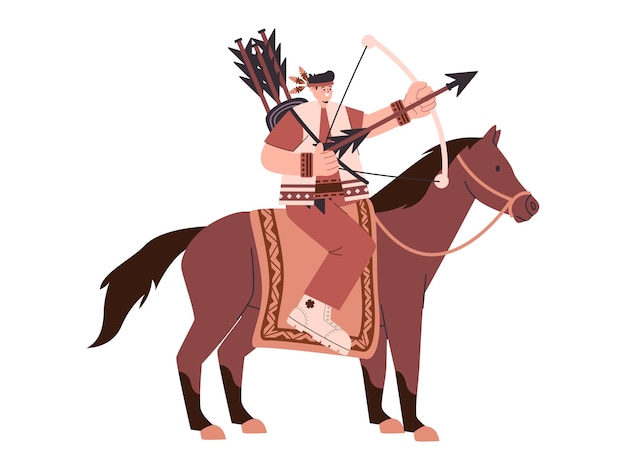 Tribù nativa americana tiro con l'arco arco e cavalcare cavallo colore marrone illustrazione