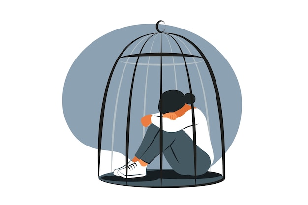 Triste donna seduta all'interno della gabbia chiusa Concetto di disturbo mentale Donna stressata frustrata che ha problemi di ansia cefalea da stress Illustrazione vettoriale