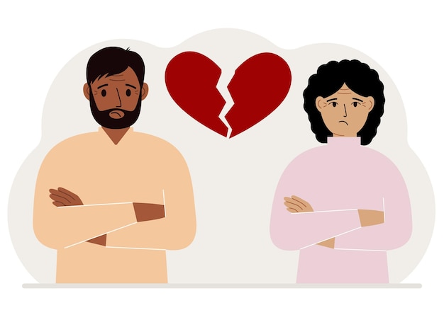 Triste uomo e donna accanto a un cuore rosso spezzato Cuore spezzato