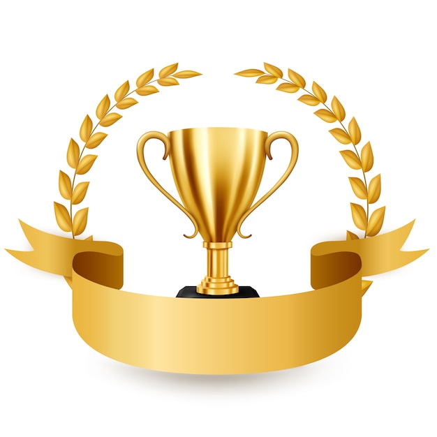 Trofeo d'oro realistico con corona d'oro Laurel e nastro