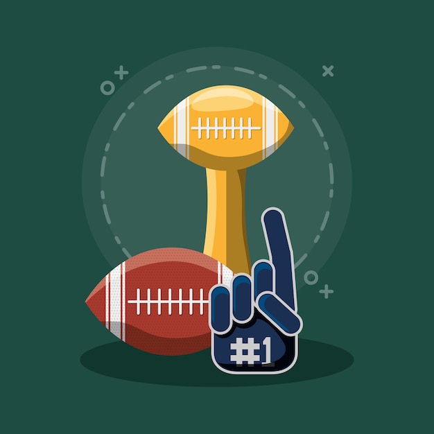 trofeo di football americano con guanto palla e sport fan