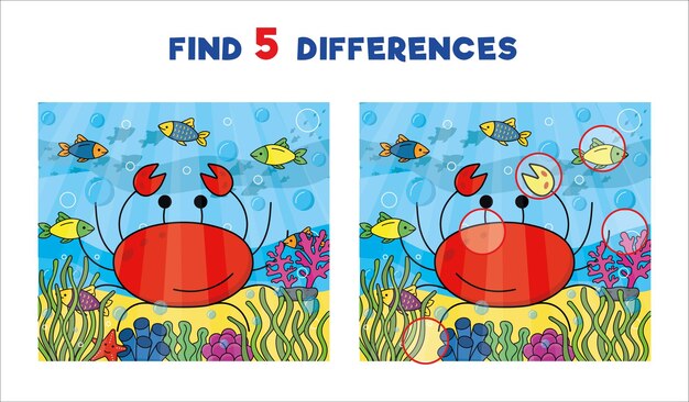 Trova cinque differenze illustrazione vettoriale per bambini con un granchio in acqua pesci e coralli