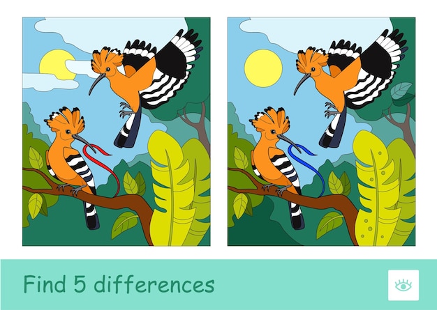 Trova cinque differenze quiz gioco per bambini con l'immagine di due upupe in un bosco per bambini in età prescolare