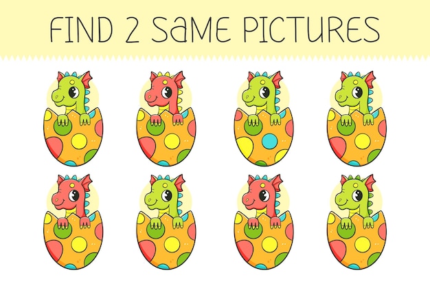 Trova due immagini uguali gioco educativo per bambini con dragone carino nell'uovo dragone cartoon carino