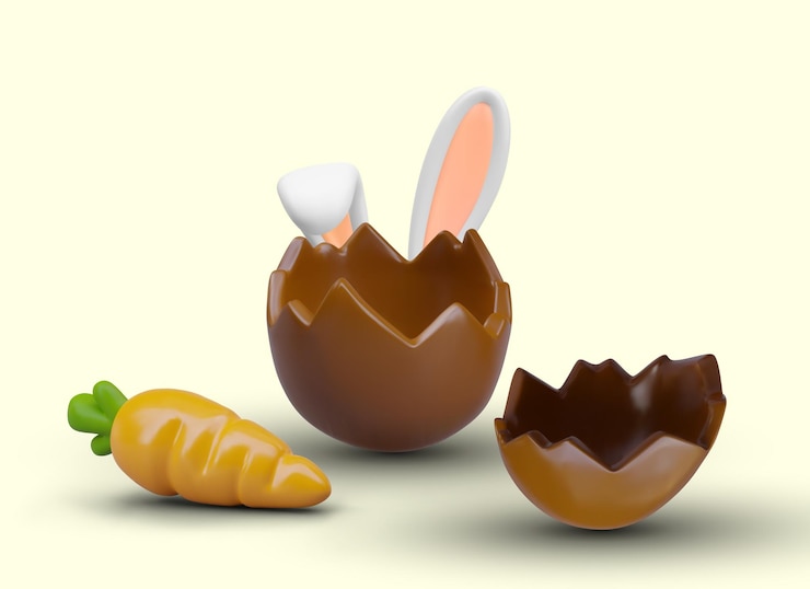 Vettore trova il coniglietto di pasqua metà vuoto uovo di cioccolato rotto orecchie di coniglio carota arancione