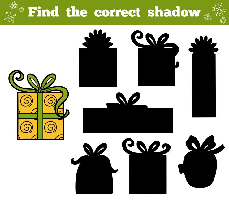 Vettore trova l'ombra corretta, gioco educativo per bambini. regali di natale