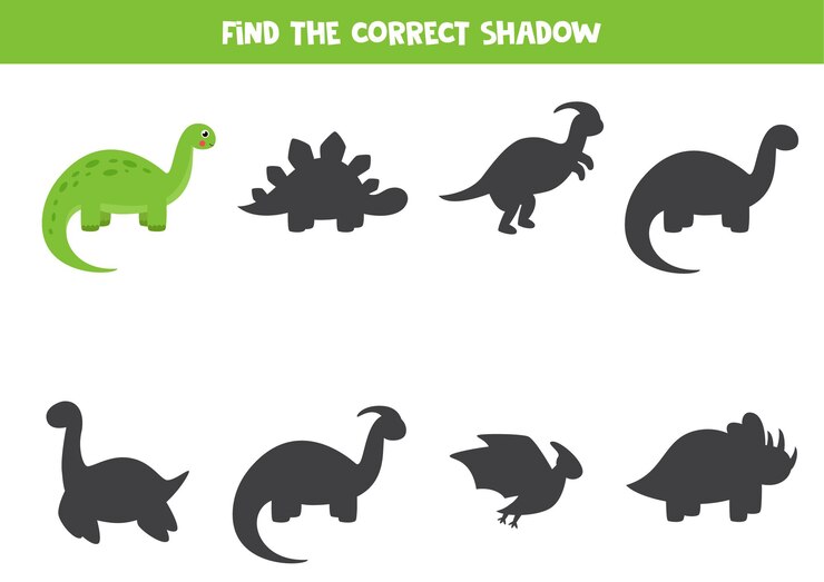 Trova l'ombra del brontosauro simpatico cartone animato. Gioco di logica per bambini.