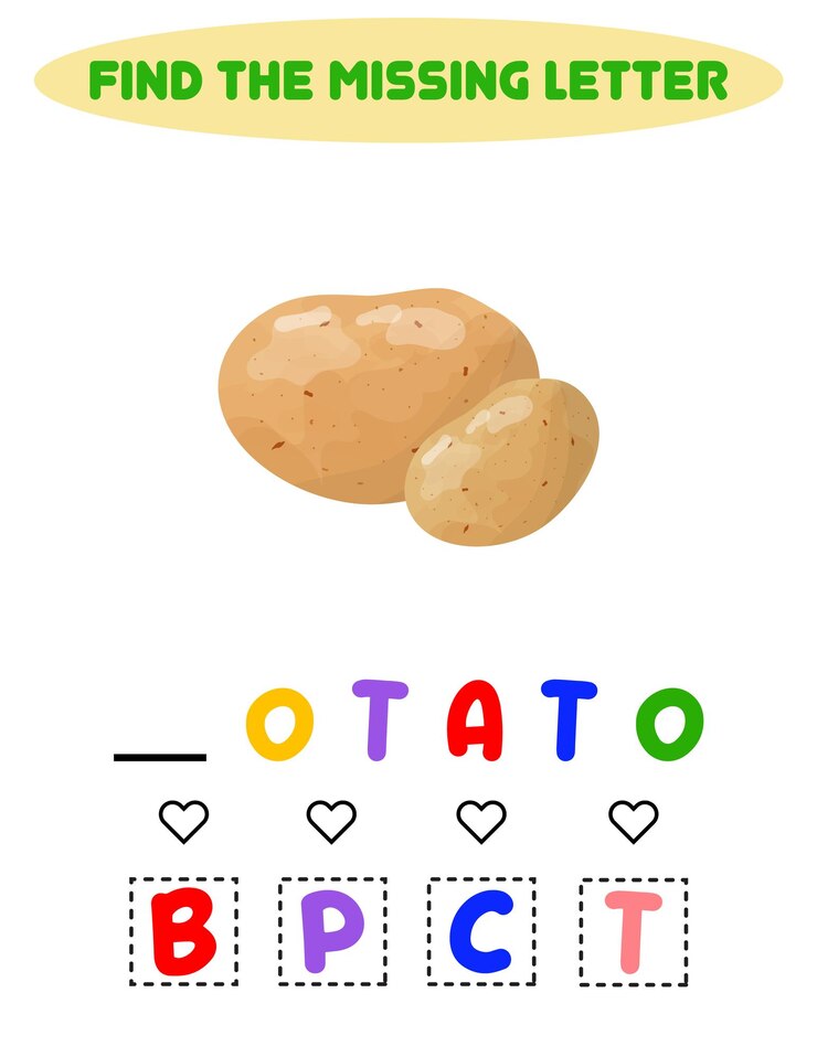 Vettore trova la lettera mancante insegnare ai bambini foglio di lavoro patate vegetali
