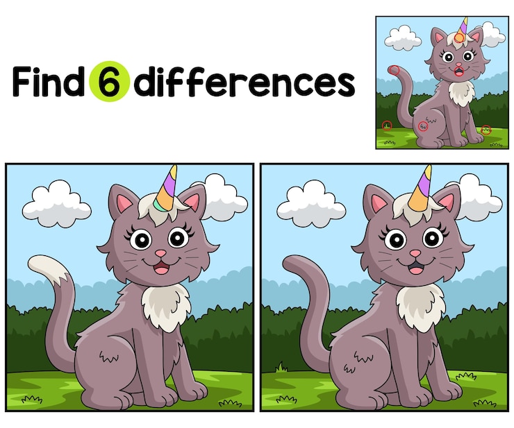 Vettore trova o individua le differenze in questa pagina di attività cat unicorn kids è un gioco di puzzle divertente ed educativo per bambini