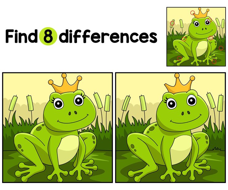 Vettore trova o individua le differenze su questa pagina di attività per bambini frog with a crown è un gioco di puzzle divertente ed educativo per bambini
