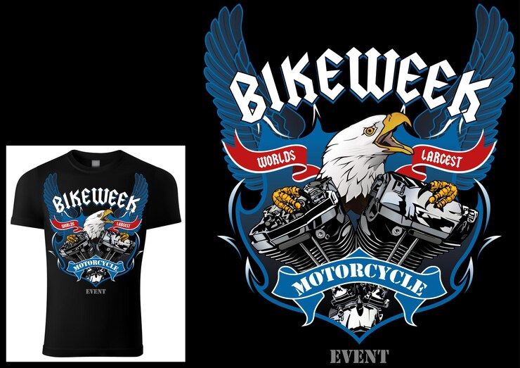 Tshirt Design per motociclisti con aquila e motore con ali decorative e striscioni e testi