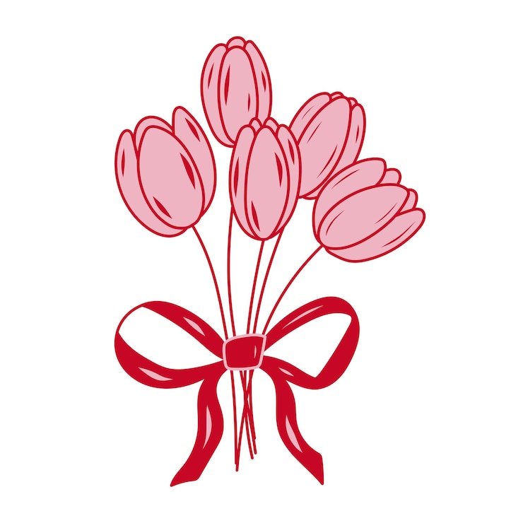 Vettore tulipi rosa disposti in un bouquet con un nastro rosso perfetti per essere regalati in occasioni speciali