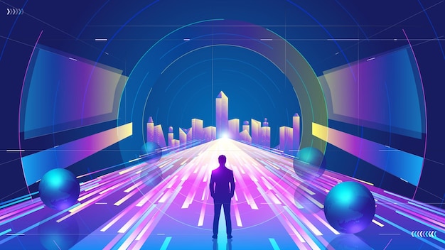 Tunnel al neon che conduce allo sfondo futuristico dello spazio tecnologico della città futura