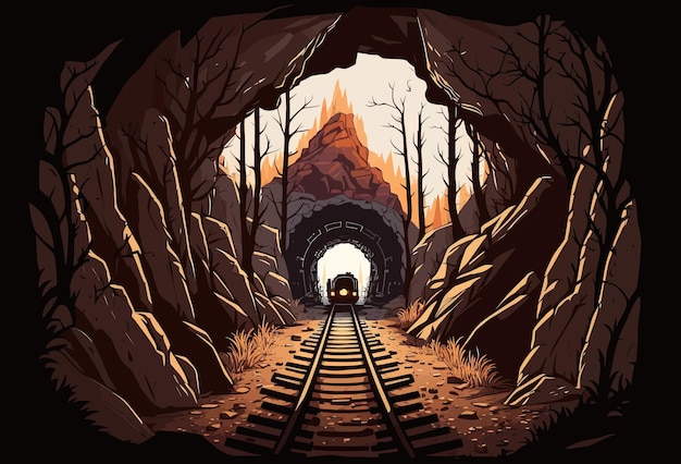 Tunnel Flat ferrovia treno rocce montagne foresta esplorare turismo trasporto pubblico comfort veloce guida stazione trafficolocomotivametropolitanainfrastrutturaConcetto di viaggio Illustrazione vettoriale