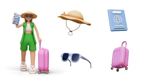 Turista femminile 3D e i suoi accessori separatamente modelli vettoriali per giochi online
