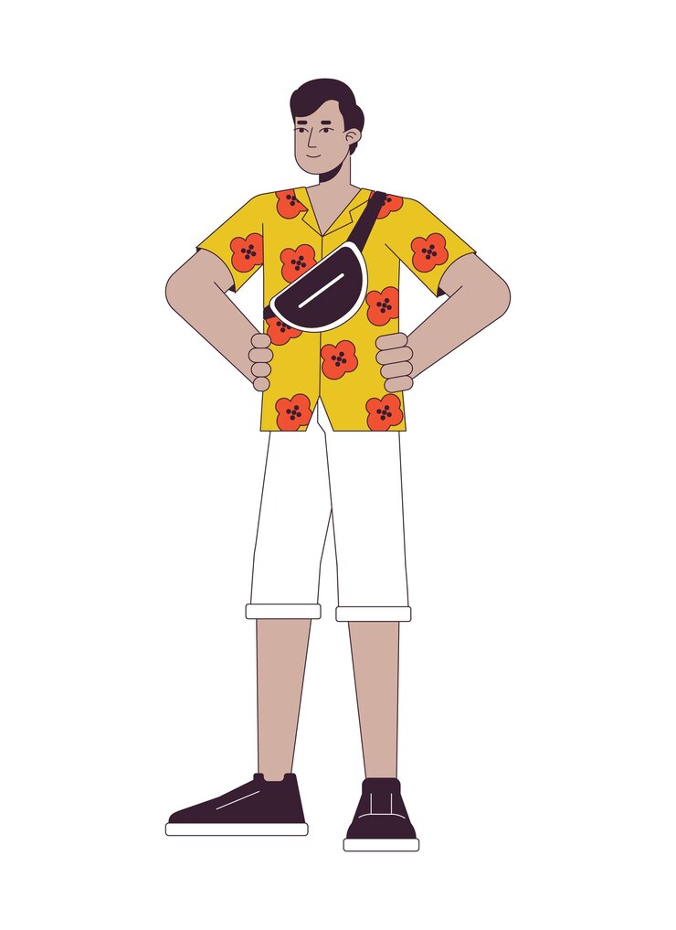Vettore turista maschio indiano con carattere vettoriale a colori linea piatta borsa a tracolla profilo modificabile persona a corpo intero su bianco uomo che indossa camicia hawaiana semplice illustrazione del punto del fumetto per la progettazione grafica web