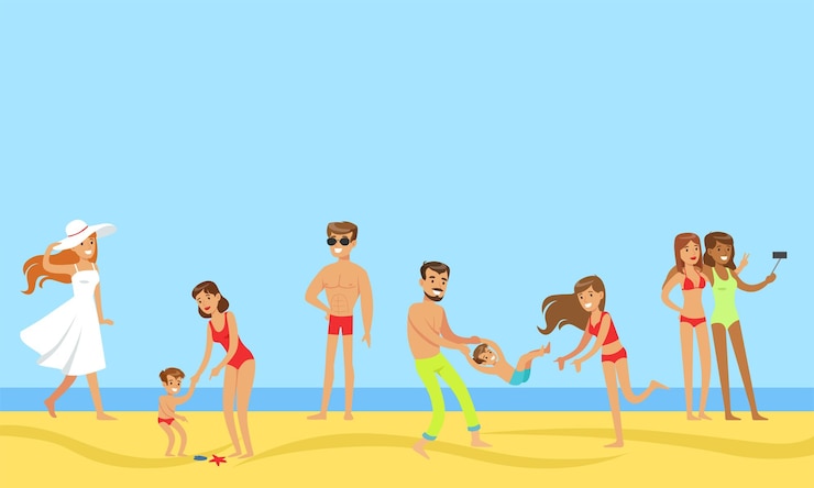 Vettore turisti in vacanza estiva e persone felici che si rilassano e si divertono sulla spiaggia illustrazione vettoriale