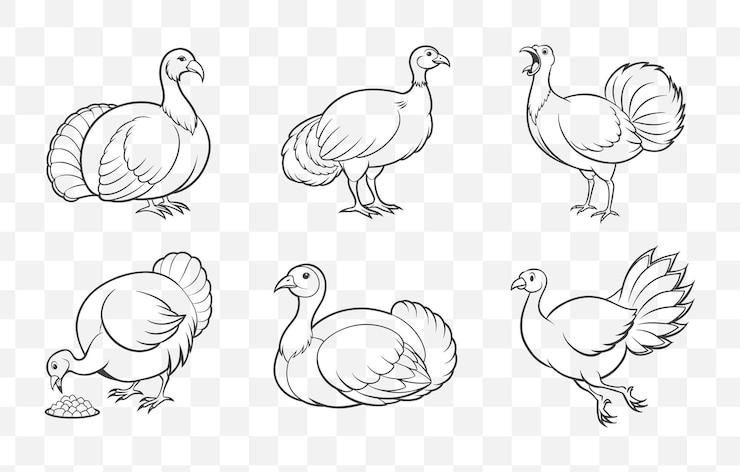 Vettore turkey line art vector set illustrazioni di tacchini in varie pose disegni minimalisti e dettagliati