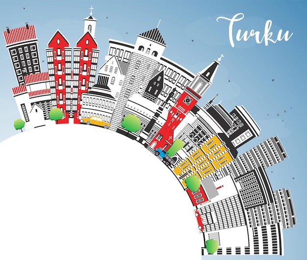 Turku Finlandia skyline della città con edifici colorati cielo blu e spazio di copia Turku paesaggio cittadino con punti di riferimento concetto di viaggio e turismo con architettura moderna e storica