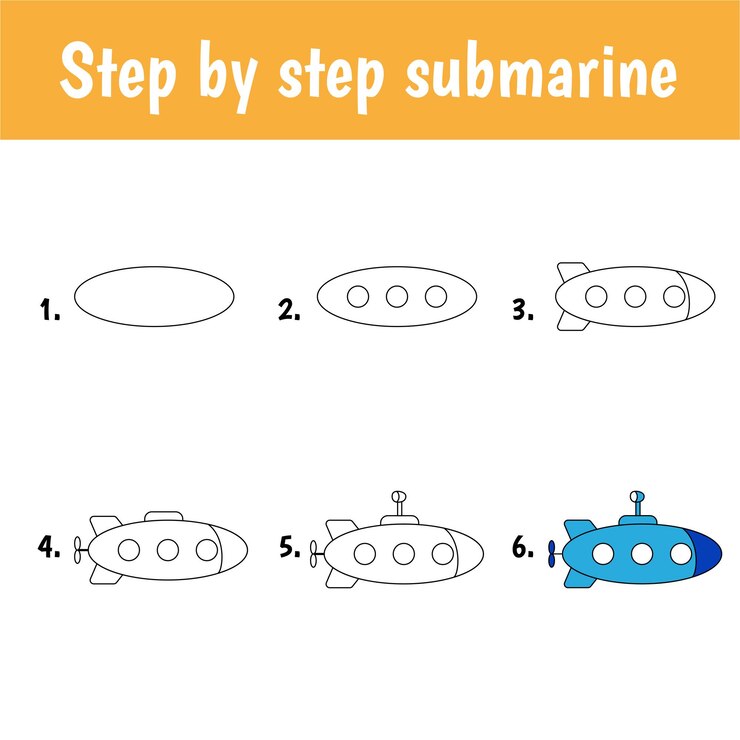 Vettore tutorial di disegno per bambini. livello facile. schede didattiche. come disegnare un sottomarino