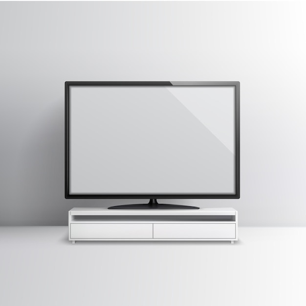 TV a schermo piatto su un moderno supporto per TV bianco