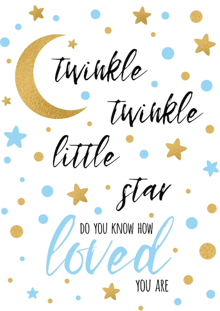 Twinkle twinkle testo stella con colori blu oro carino per modello di scheda doccia bambino ragazzo illustrazione vettoriale Banner per bambini compleanno design logo etichetta segno stampa citazione ispiratrice