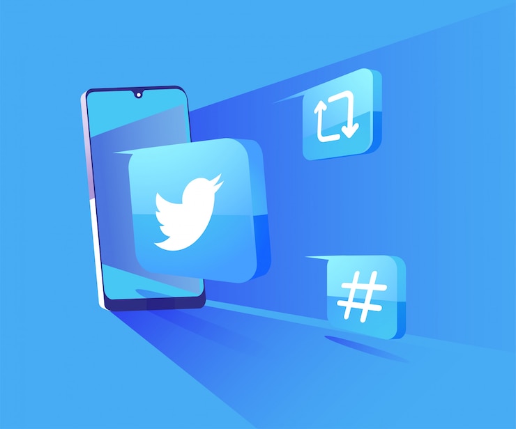 Vettore twitter 3d social media con illustrazione del simbolo dello smartphone