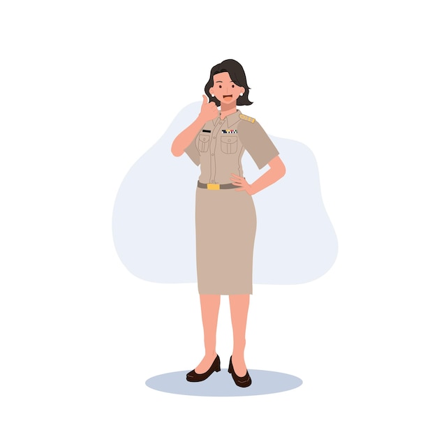 Ufficiali del governo thailandese femminile in uniforme Insegnante thailandese donna che dà il pollice in su buon lavoro molto bene Illustrazione vettoriale