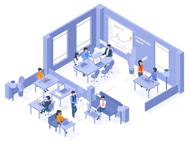Ufficio isometrico di coworking. Colleghe freelance nello spazio ufficio aperto, illustrazione vettoriale dello spazio di coworking aziendale 3d. Ufficio isometrico creativo