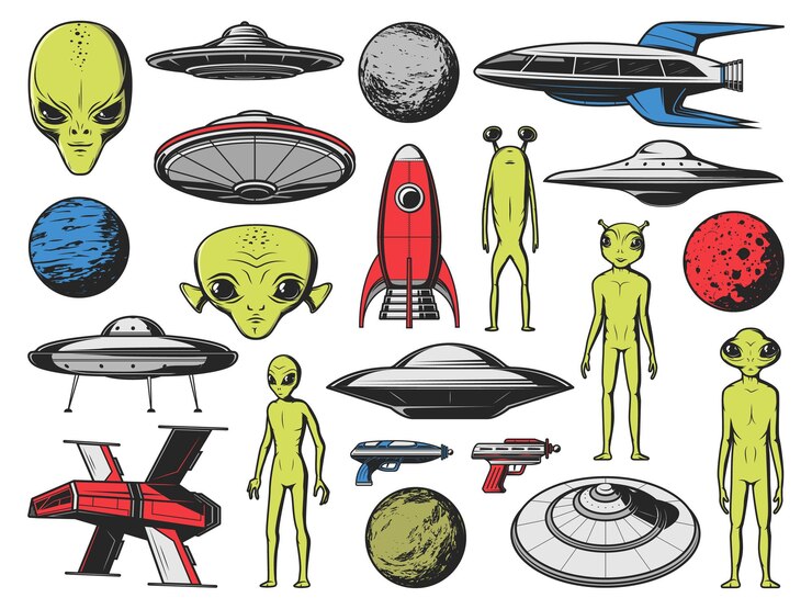 Vettore ufo, astronavi aliene e pianeti. alieni umanoidi vettoriali, creature extraterrestri con pelle verde e grandi occhi, astronavi fantasy, razzi futuristici e dischi volanti, pistola immaginaria blaster