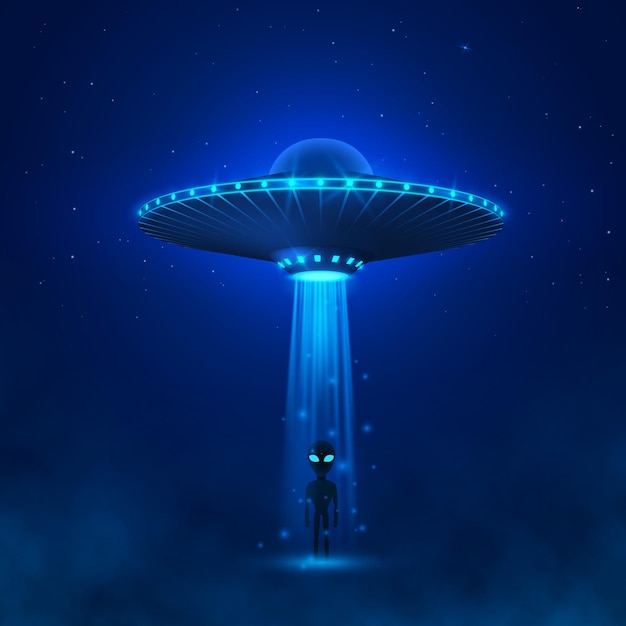 UFO con raggio di luce vola nel cielo notturno. invasione aliena. Alieno con grandi occhi in piedi nella nebbia. Concetto di fantascienza.