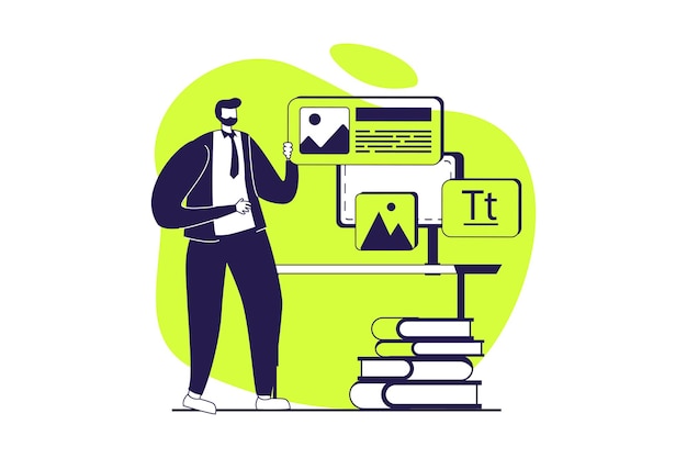 UI and UX designers web concept with flat people for website design Man working with visual prototype and interface template organizing structure creating buttons navigation Vector illustration