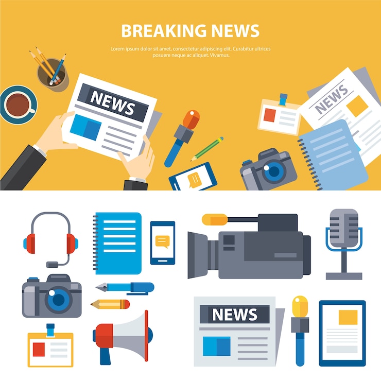 Vettore ultime notizie e design piatto concetto di banner elementi multimediali