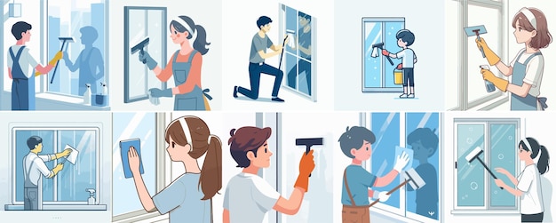 un adolescente sta pulendo le finestre con uno stile di design piatto semplice e minimalista