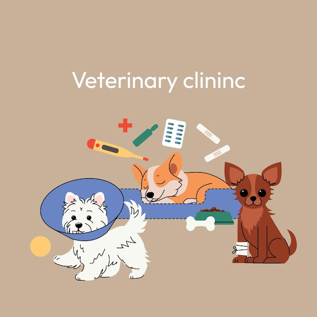 Un'adorabile illustrazione di una clinica veterinaria con tre cani in un cono protettivo