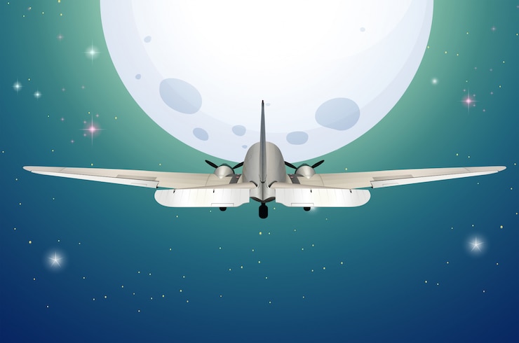 Vettore un aeroplano in volo verso la luna