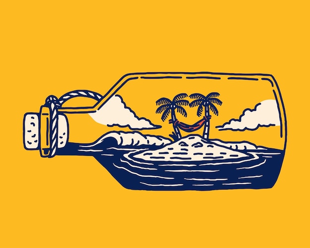 Un'affascinante illustrazione di un'isola deserta con due palme dentro una bottiglia