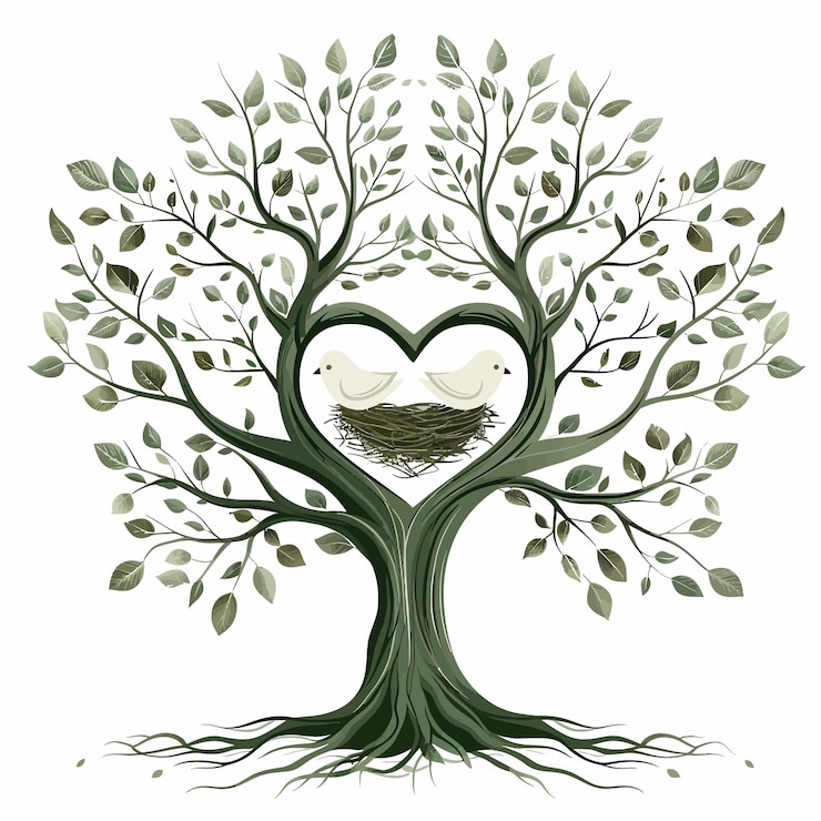 Vettore un albero con un cuore che ha un uccello dentro