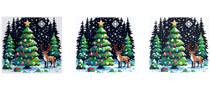 Un albero di Natale decorato con ornamenti colorati si trova in una foresta innevata con una renna vicino sotto un cielo notturno stellato