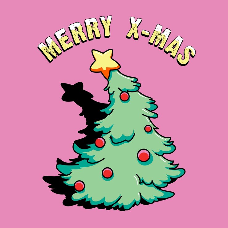 un albero di Natale verde con una stella su di esso e il testo dice Buon Natale