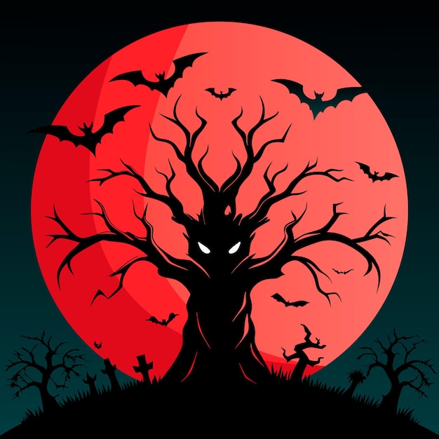 Un albero inquietante con pipistrelli e una luna rossa piena