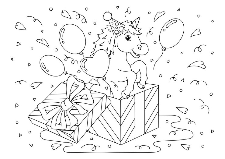 Un allegro unicorno salta fuori da una confezione regalo Pagina del libro da colorare per bambini Personaggio in stile cartone animato